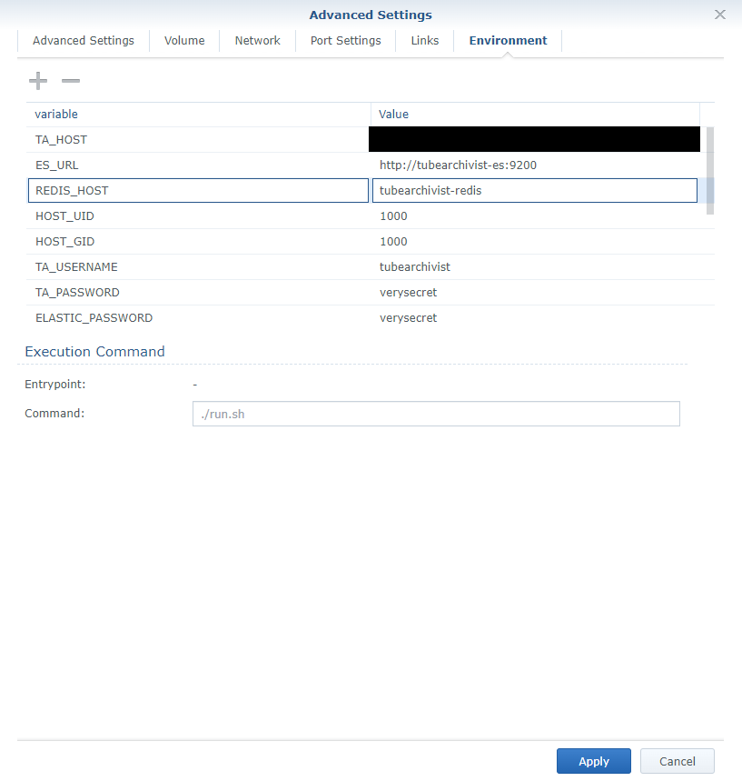 Synology - Tube Archivist Environment Configurations